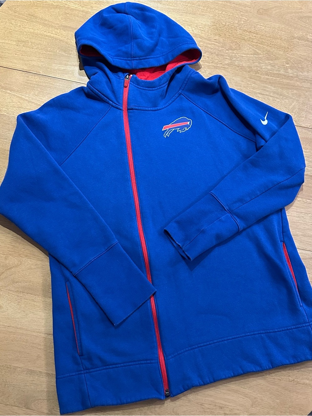 Nike Blue Buffalo Bills Assymetrical Zipper Hoodie with Red Trim Women’s Large